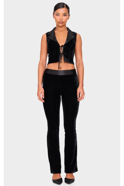 Чорні оксамитові атласні штани-кльош з поясом
