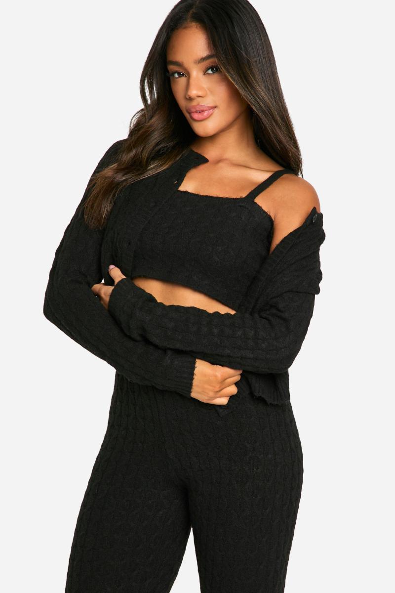 Набір із 3 предметів, м’який трикотажний кардиган, укорочений топ і брюки-кльош