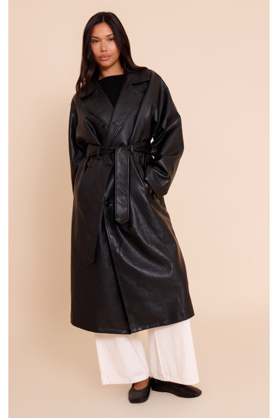 Чорне шкіряне максі тренчко