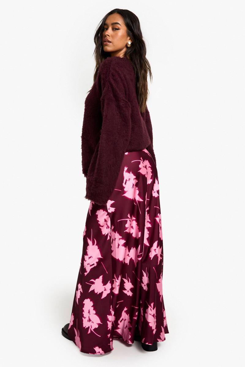 Атласна максі-спідниця з розмитим квітковим принтом