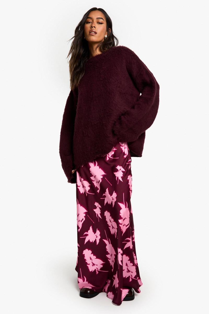 Атласна максі-спідниця з розмитим квітковим принтом