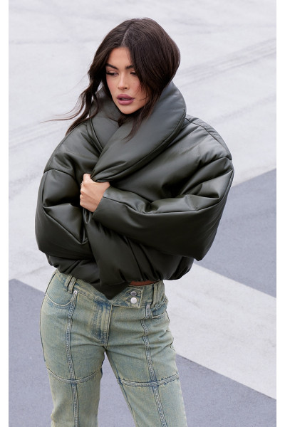 Хакі перебільшений комір PU обрізаний пухкове пальто