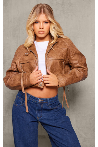 Коричнева шкіряна шкіряна, обрізана байкерська куртка