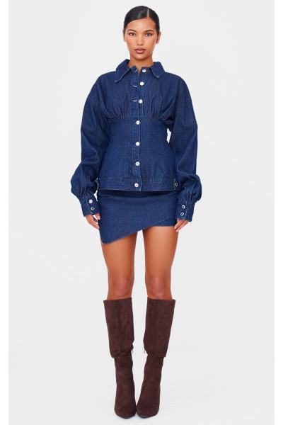 Асиметрична багатошарова джинсова міні-спідниця кольору індиго