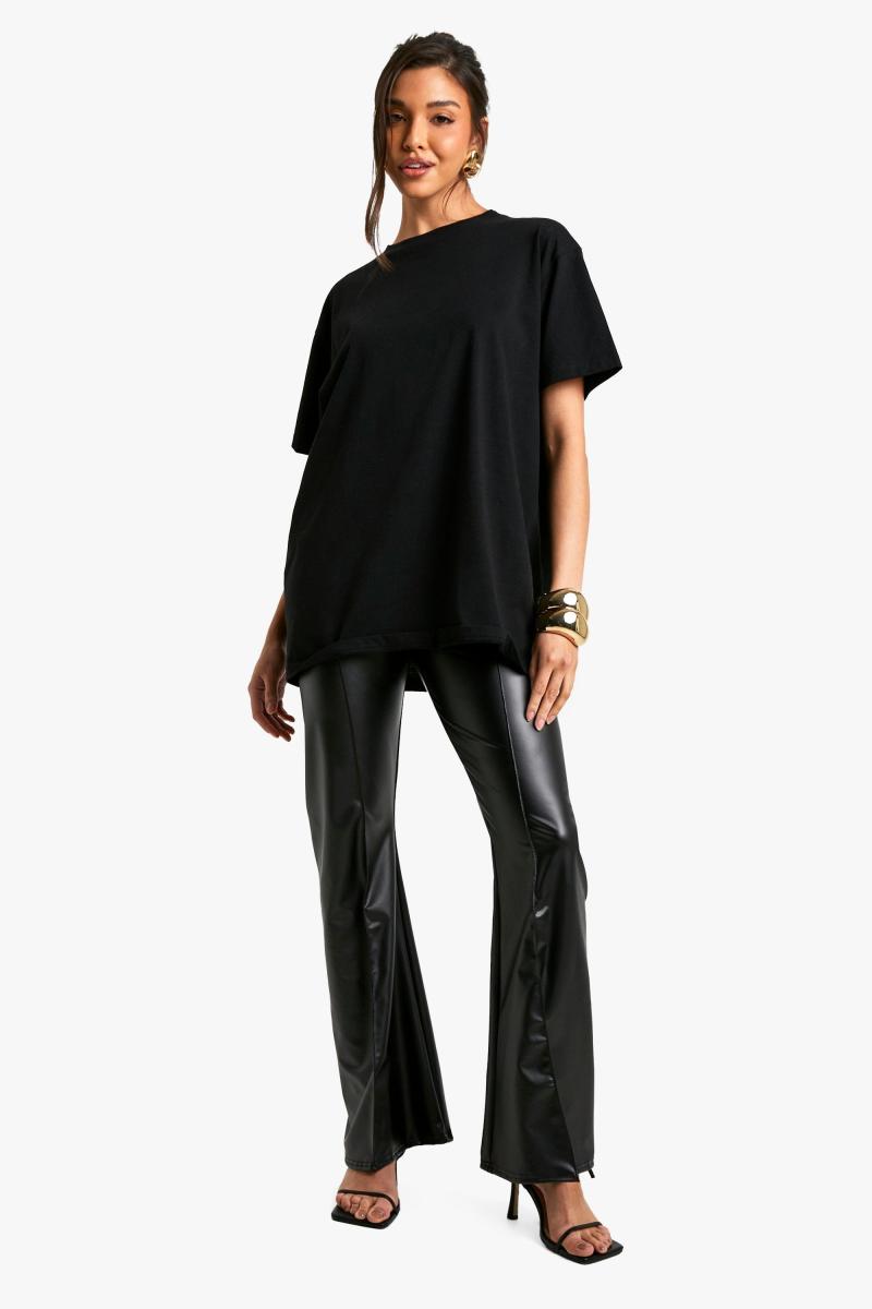 Поліуретанові штани з розкльошеними штанинами та защипами