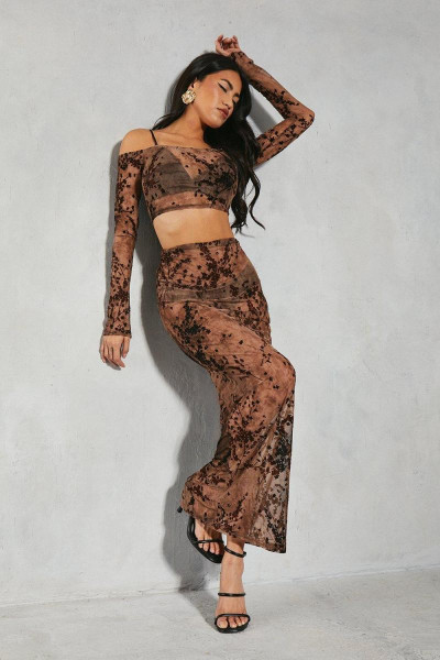 Devore Mesh Floral Bardot Top & Maxi Skill Coorder