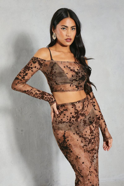 Devore Mesh Floral Bardot Top & Maxi Skill Coorder