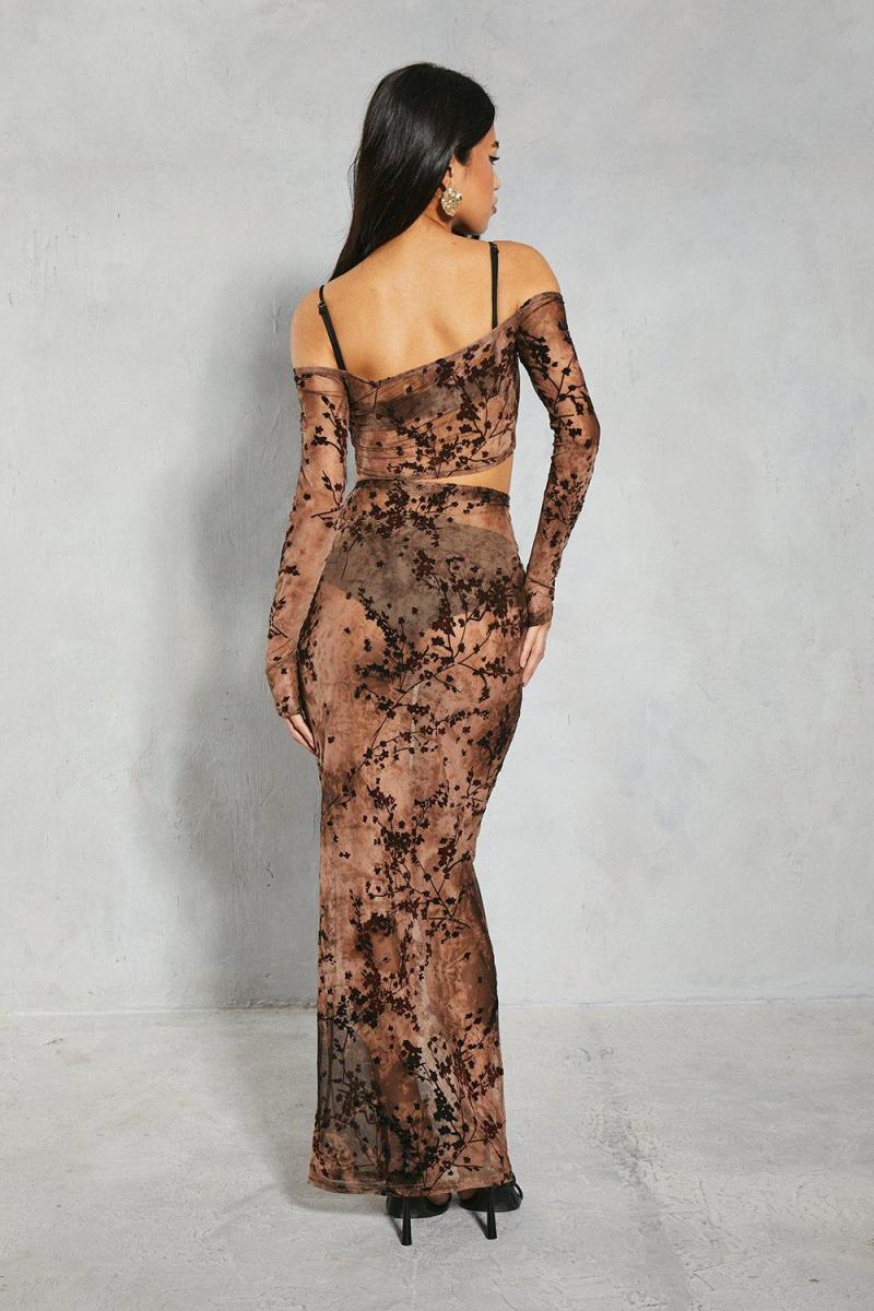 Devore Mesh Floral Bardot Top & Maxi Skill Coorder