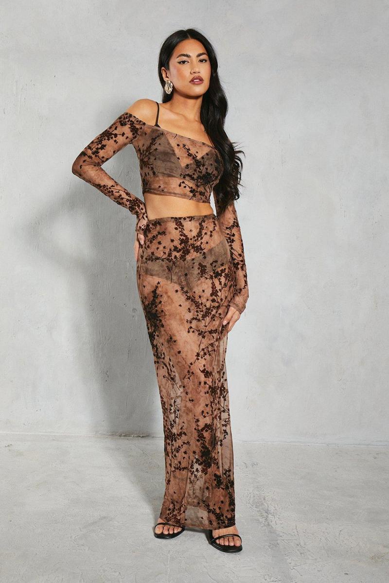 Devore Mesh Floral Bardot Top & Maxi Skill Coorder