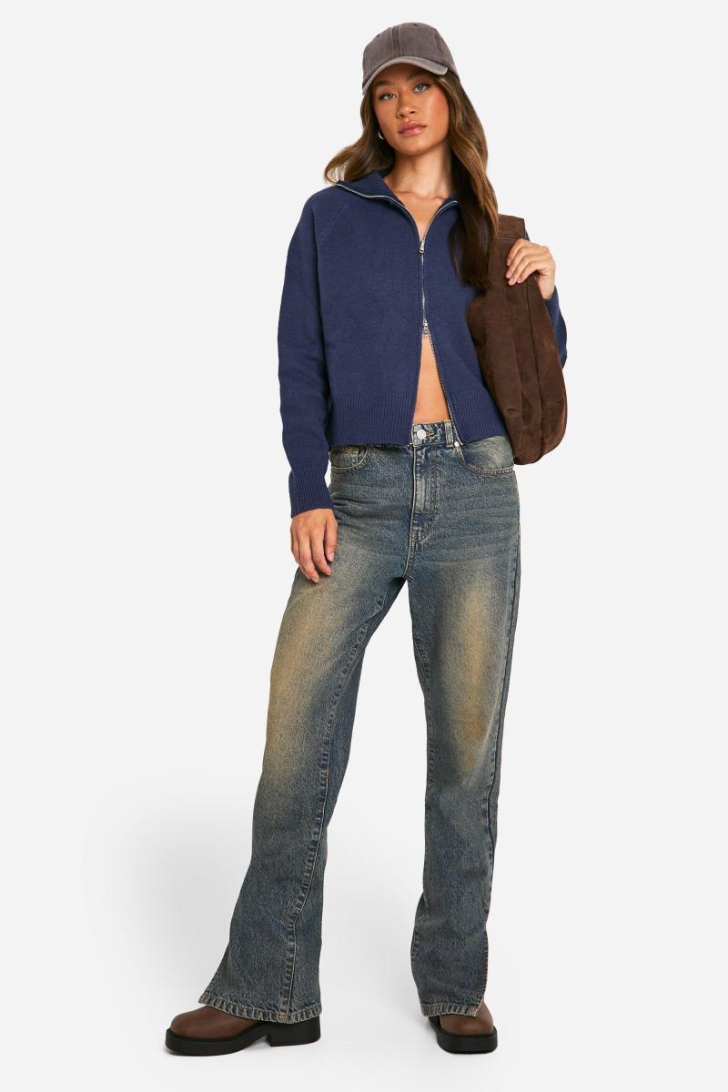 Високий кардиган із круглим вирізом і застібається на блискавку