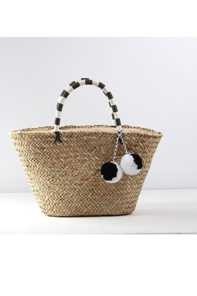 Пляжна соломна сумка з деталями з помпом