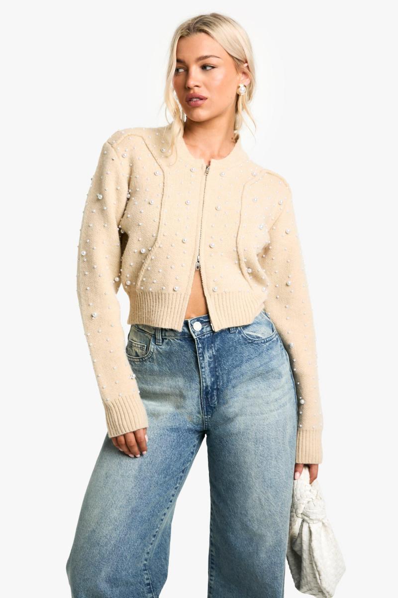 В'язаний бомбер на блискавці з деталями перлів