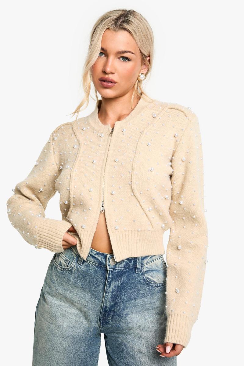 В'язаний бомбер на блискавці з деталями перлів